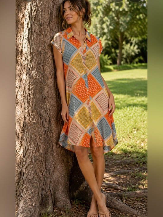 Cato Dresses & Skirts - NWT Cato Multicolor Patchwork Button-Front Dress — Orange, Yellow, Green, Blue